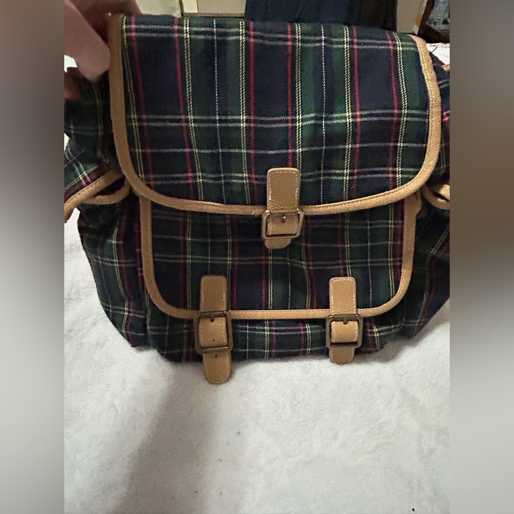 Plaid Backpack with Tan Accents red lining preppy collegiate tartan